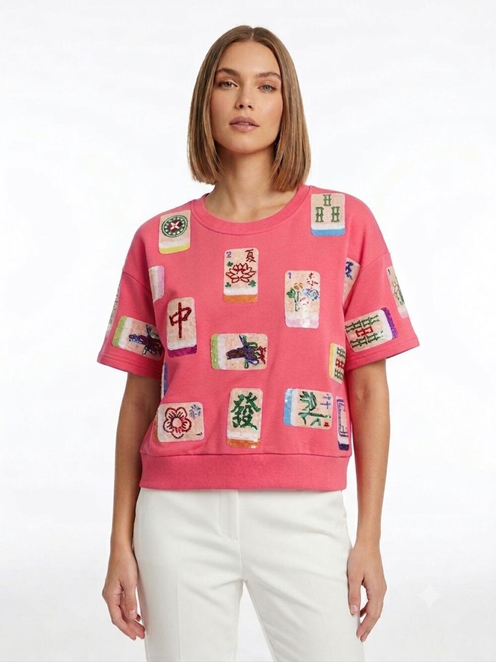 Queen of Sparkles Pink Mahjong Tile Sweatshirt Size Medium NWT Short Sleeve